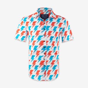 David Bowie All-Over Red and Blue Bolt Short Sleeve Shirt in White