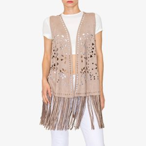 Vegan Suede Laser Cut Fringe Vest in Taupe